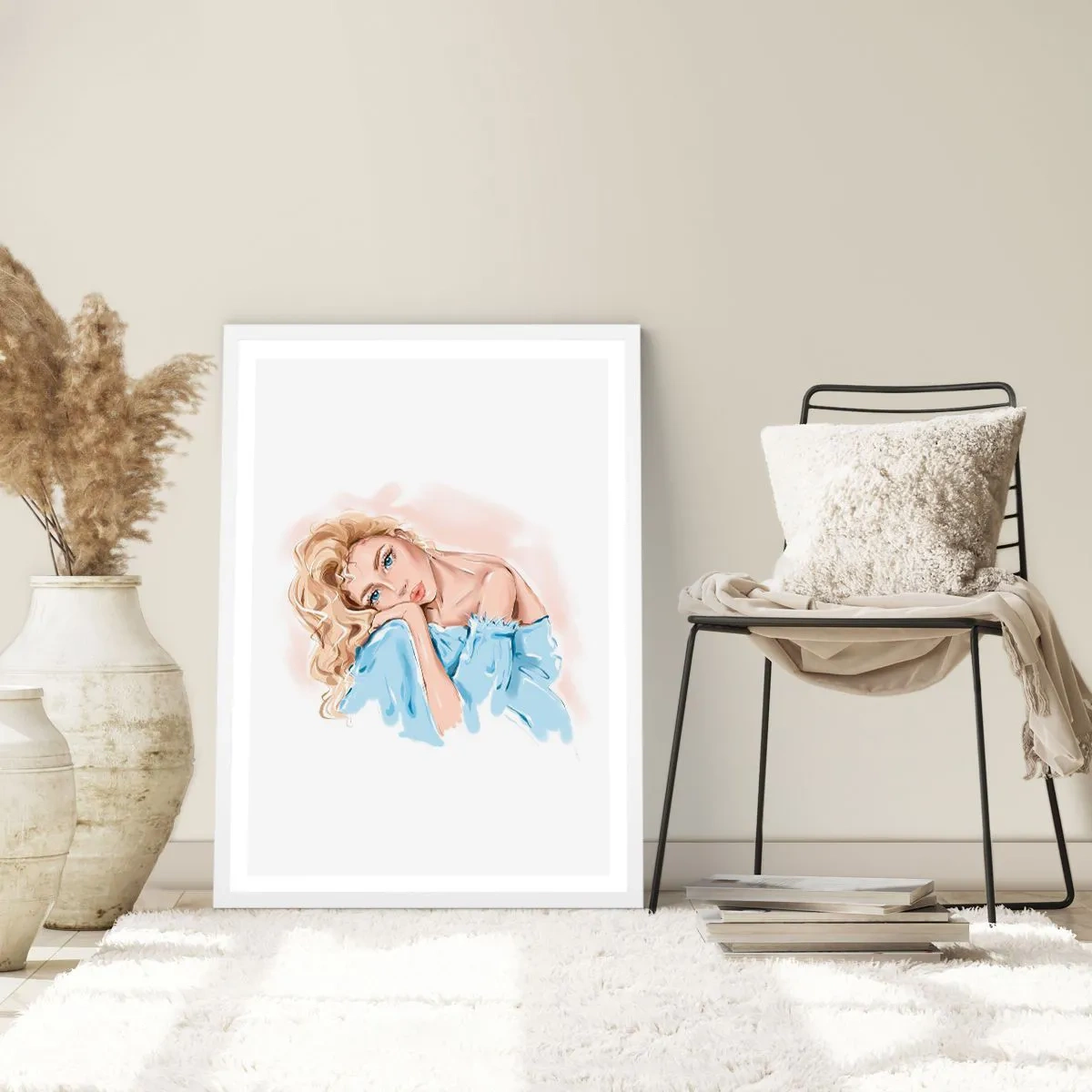 Affiche dans un cadre blanc - Poster - Rêveuse en bleu - 61x91 cm