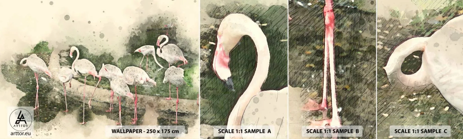 Échantillon De Papier Peint Standard Eco - Rêve exotique - Des oiseaux, Flamants roses, Nature - 100x30 cm