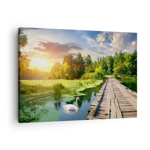 Impression sur toile - Image sur toile - Un paysage pittoresque avec un pont et un cygne - 70x50cm - L'été, l'été partout - Décoration murale moderne pour le salon et la chambre ARTTOR