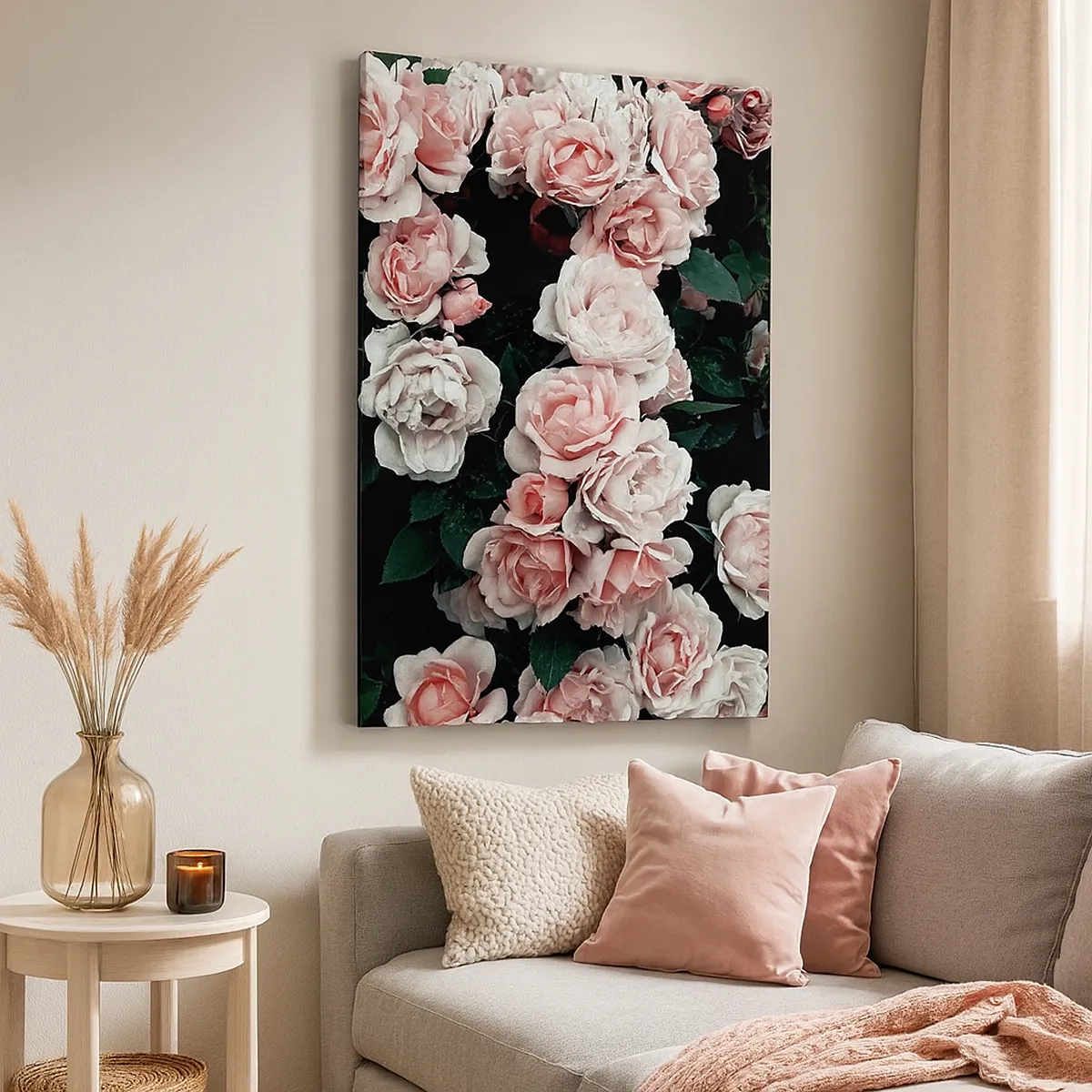 Impression sur toile - Image sur toile - Roses roses sur fond sombre dans une composition subtile - 50x70cm - Ensemble de rose - Décoration murale moderne pour le salon et la chambre ARTTOR