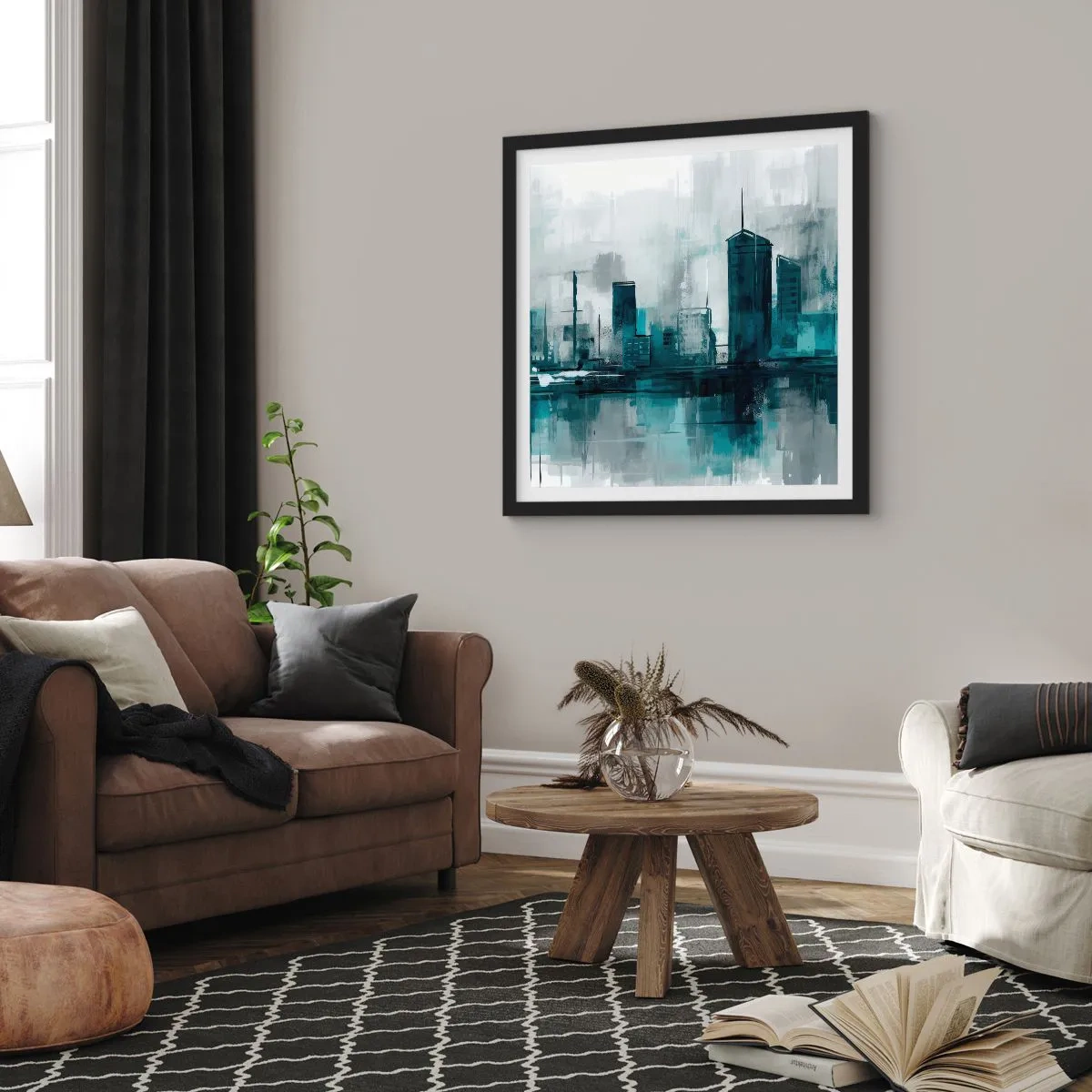 Affiche dans un cadre noir - Poster - Une ville couleur de pluie - 60x60 cm