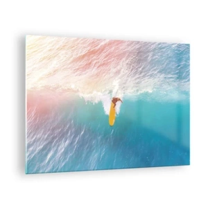 Impression sur verre - Image sur verre - Surfeur chevauchant une vague dans l'océan turquoise - 70x50cm - Le cavalier de l'océan - Décoration murale moderne pour le salon et la chambre ARTTOR