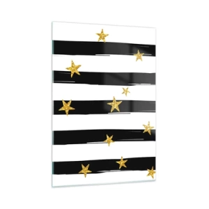 Impression sur verre - Image sur verre - Rayures noires et blanches avec étoiles dorées - 50x70cm - Nous sommes tous nés sous une bonne étoile - Décoration murale moderne pour le salon et la chambre ARTTOR