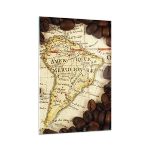 Impression sur verre - Image sur verre - Une carte de l'Amérique du Sud entourée de grains de café. - 70x100cm - D'où vient le meilleur café ? - Décoration murale moderne pour le salon et la chambre ARTTOR