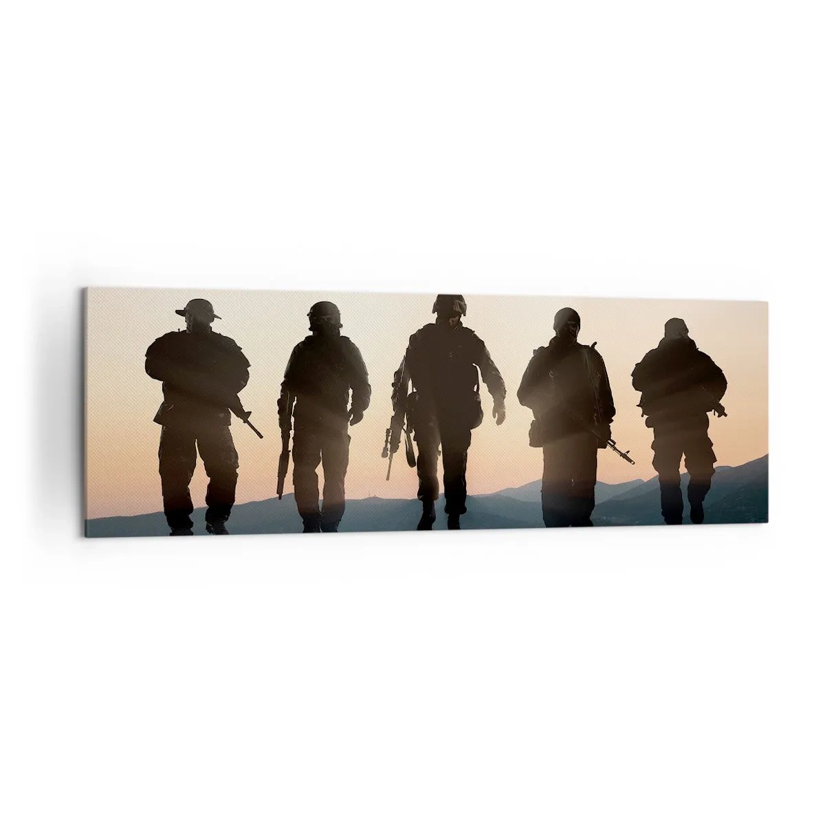Impression sur toile - Image sur toile - Silhouettes de soldats et d'avions de chasse sur fond de coucher de soleil - 160x50cm - Bienvenue dans notre monde - Décoration murale moderne pour le salon et la chambre ARTTOR