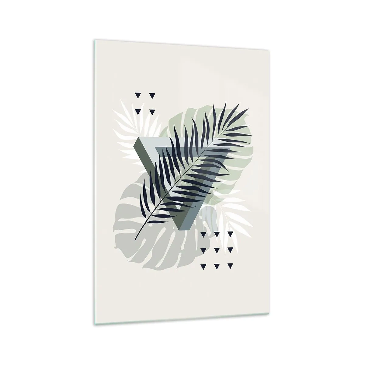 Impression sur verre - Image sur verre - Composition géométrique avec des feuilles tropicales dans des tons verts - 70x100cm - Nature et géométrie - deux odres? - Décoration murale moderne pour le salon et la chambre ARTTOR