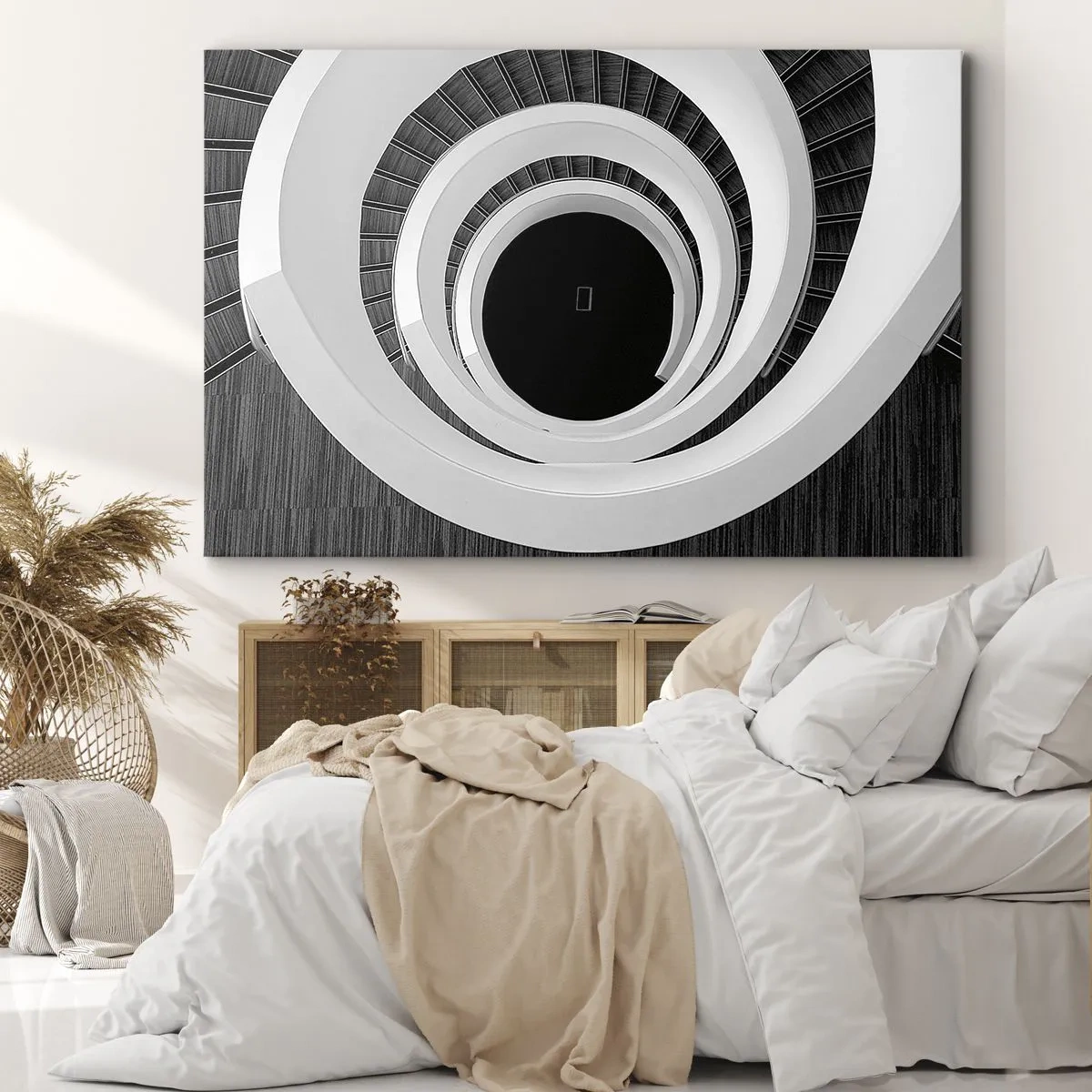 Impression sur toile - Image sur toile - Escalier en colimaçon noir et blanc de style moderne - 70x50cm - Les choses concrêtes - Décoration murale moderne pour le salon et la chambre ARTTOR