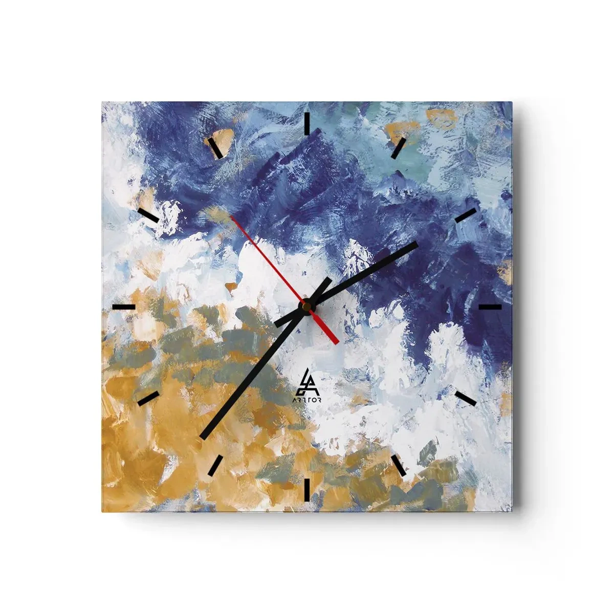 Horloge murale - Pendule murale - Abstraction dans les tons de bleu, blanc et or - 30x30cm - Danse des éléments - Décoration murale moderne pour le salon et la chambre ARTTOR