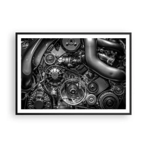 Affiche dans un cadre noir - Poster - Gros plan noir et blanc des détails mécaniques d'un moteur de voiture. - 100x70cm - Poésie mécanique - Décoration murale moderne pour le salon et la chambre ARTTOR