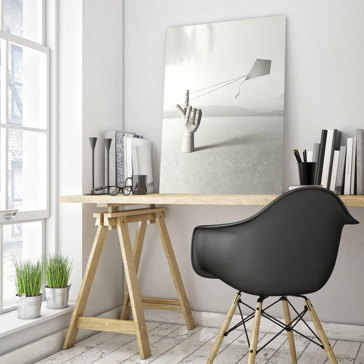 Impression sur verre - Image sur verre - Une main en bois tenant un cerf-volant flottant sur son doigt - 50x70cm - Épreuve de force - Décoration murale moderne pour le salon et la chambre ARTTOR