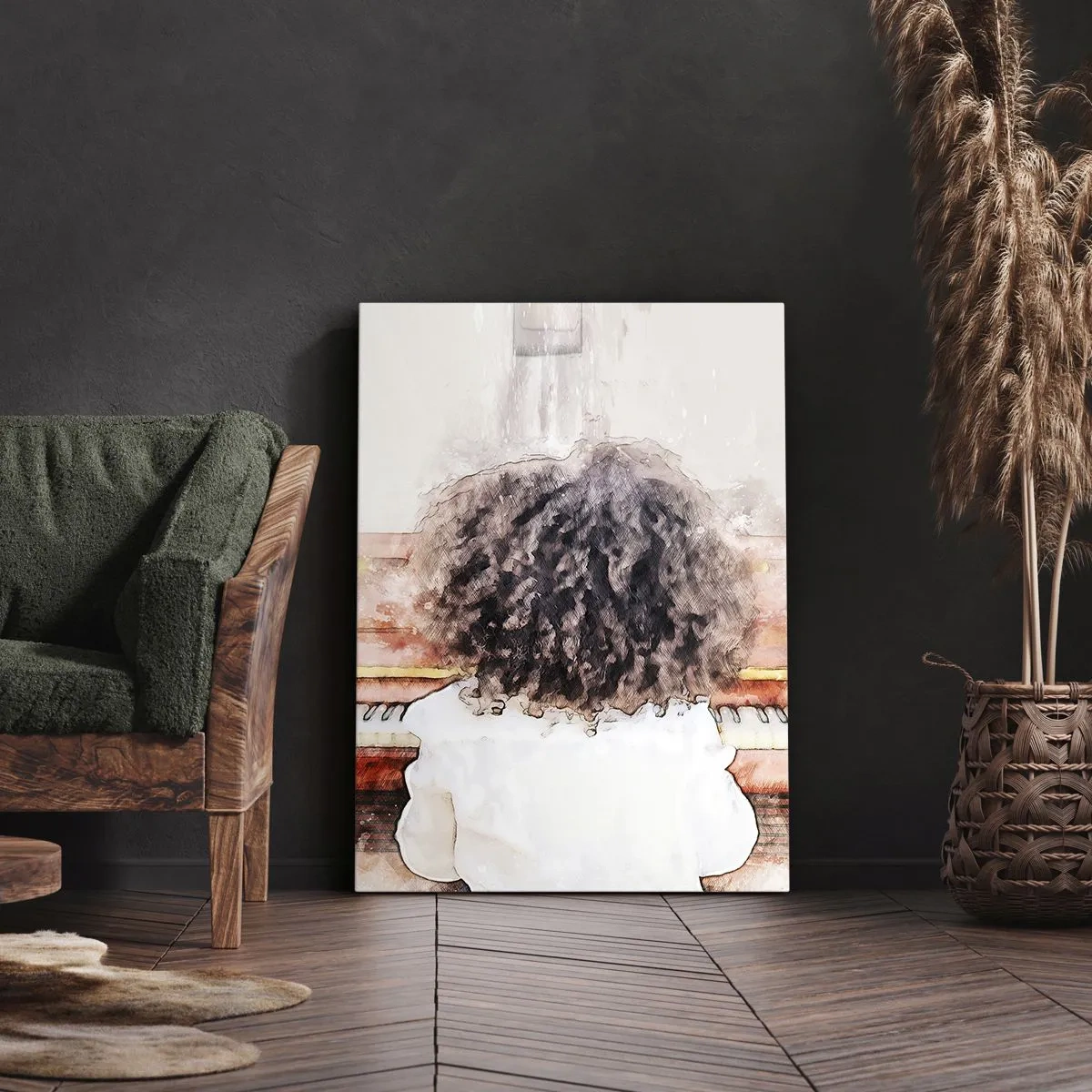 Impression sur toile - Image sur toile - Une fille aux cheveux touffus au piano - 70x100cm - Dans un nouveau monde - Décoration murale moderne pour le salon et la chambre ARTTOR