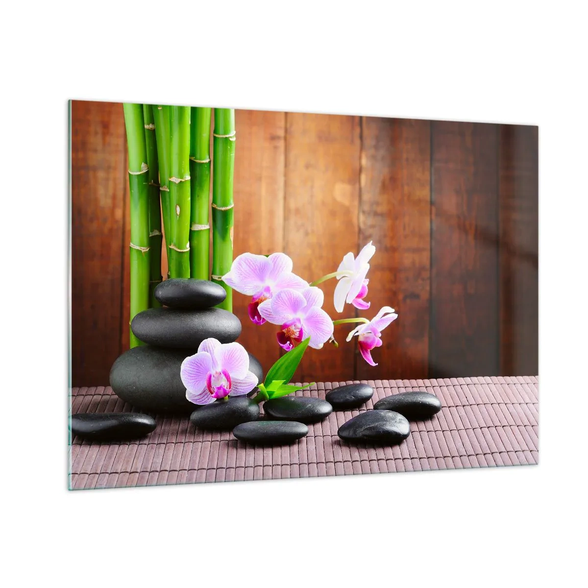 Impression sur verre - Image sur verre - Orchidées roses, bambou et pierres noires contre un mur en bois - 100x70cm - Rencontrez les plaisirs de l'est - Décoration murale moderne pour le salon et la chambre ARTTOR