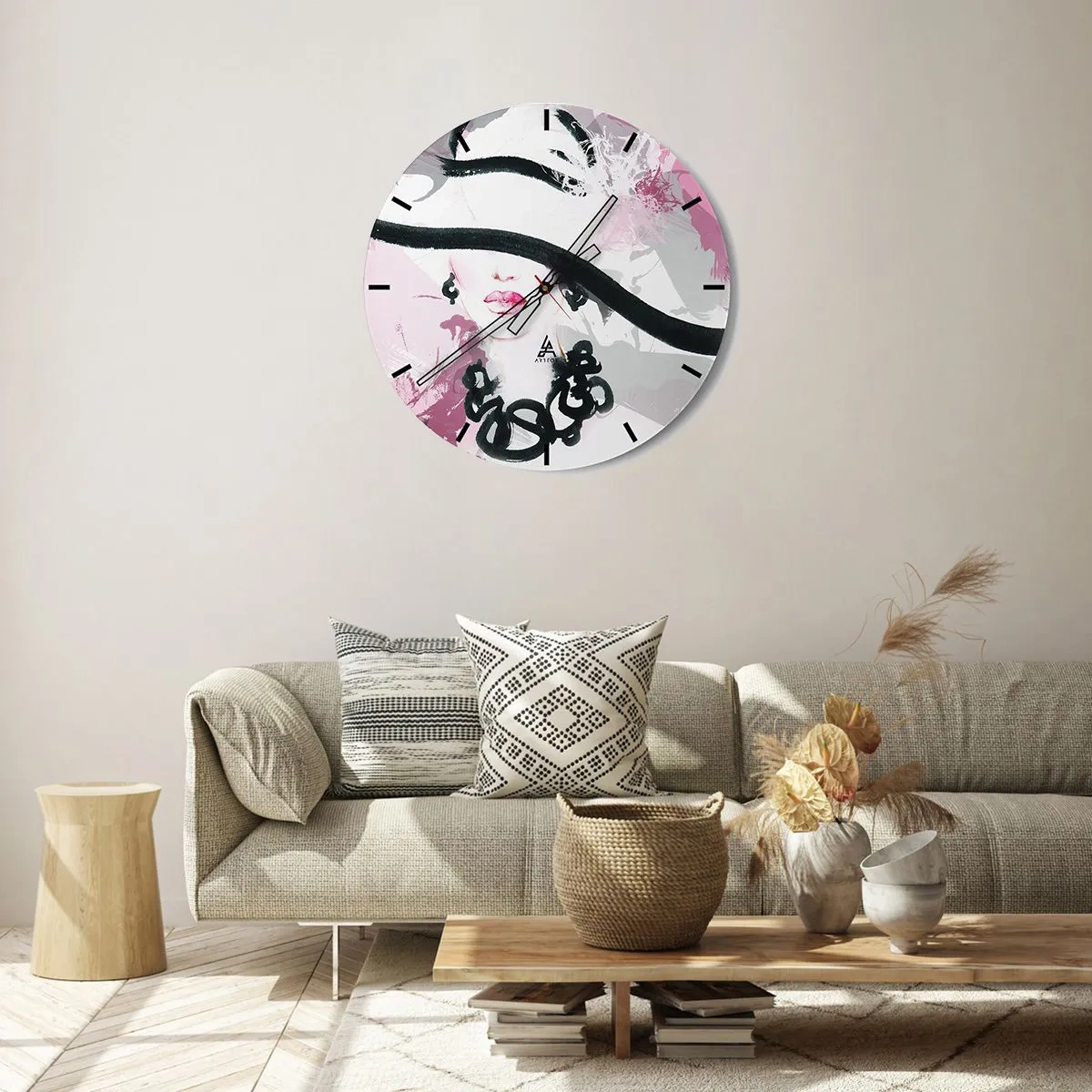 Horloge murale - Pendule murale - Portrait d'une dame en noir et rose - 40x40 cm
