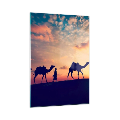 Impression sur verre - Image sur verre - Caravane de chameaux dans le désert au coucher du soleil - 50x70cm - L'esprit mystérieux de l'Orient - Décoration murale moderne pour le salon et la chambre ARTTOR