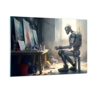 Impression sur verre - Image sur verre - Un robot peignant des tableaux dans un atelier d'art - 120x80cm - L'acte de création - Décoration murale moderne pour le salon et la chambre ARTTOR