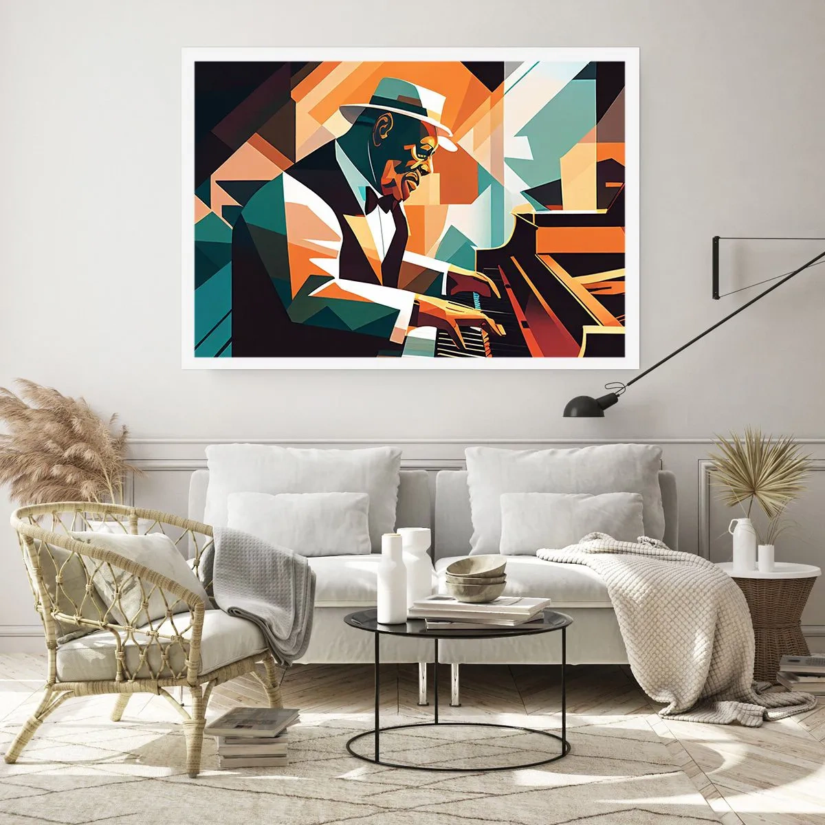 Affiche - Poster - Musicien abstrait jouant du piano dans des couleurs chaudes. - 100x70cm - C’est tout le jazz - Décoration murale moderne pour le salon et la chambre ARTTOR