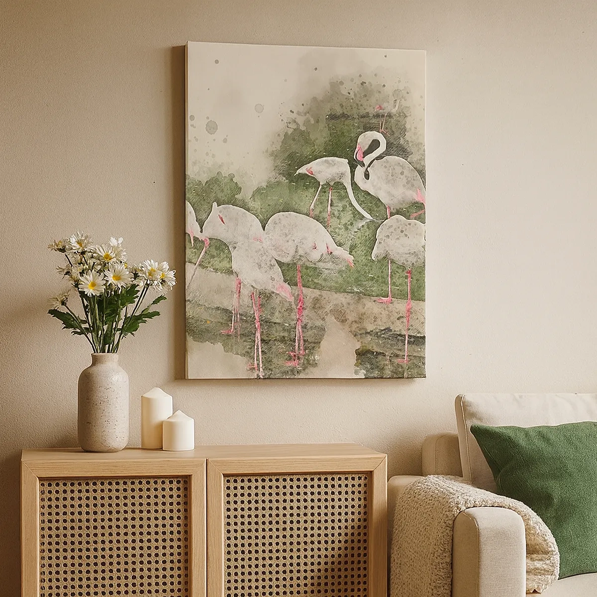 Impression sur toile - Image sur toile - Flamants roses dans leur environnement naturel dans un style aquarelle - 50x70cm - Rêve exotique - Décoration murale moderne pour le salon et la chambre ARTTOR