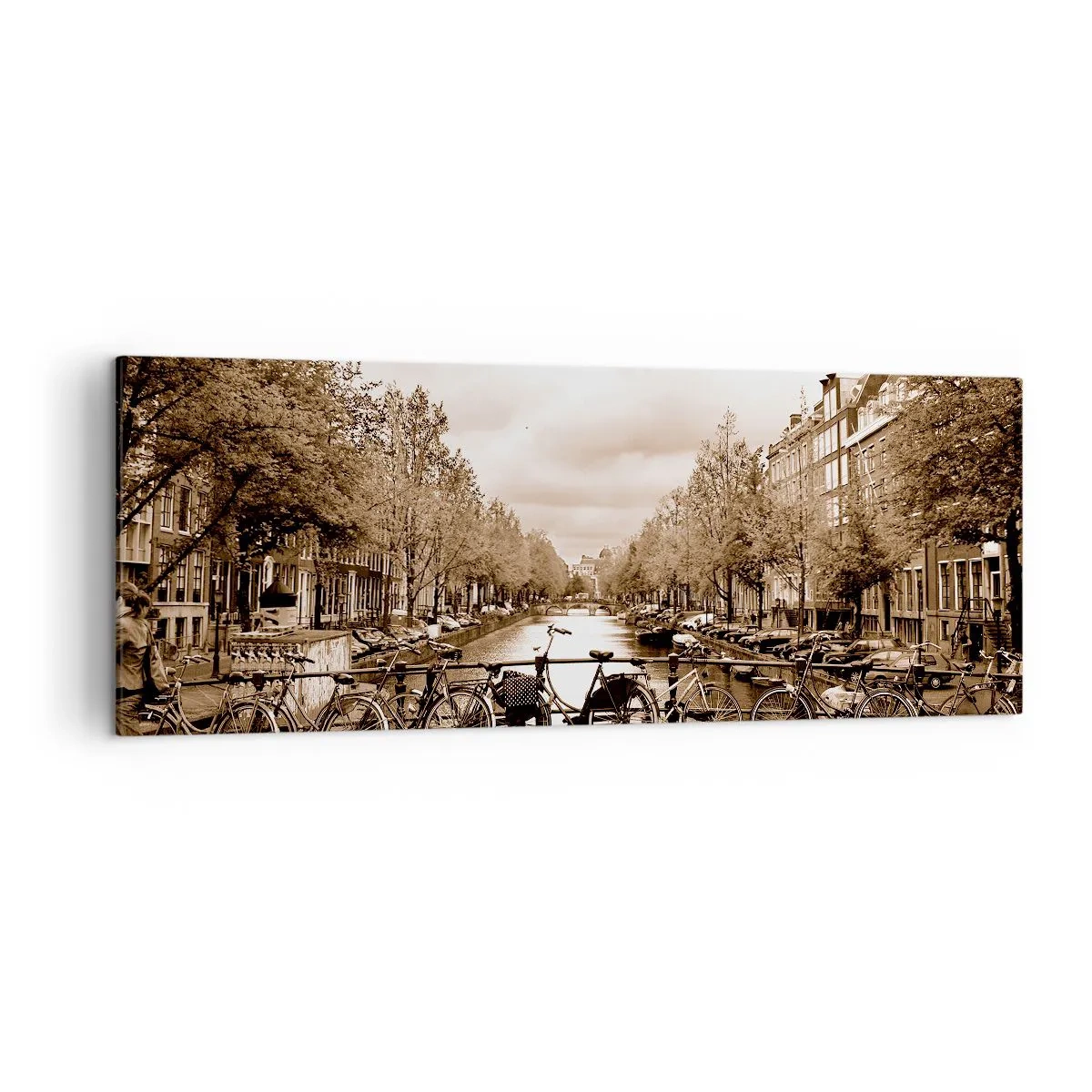 Impression sur toile - Image sur toile - Pont cyclable sur le canal en sépia - 140x50cm - Ambiance hollandaise - Décoration murale moderne pour le salon et la chambre ARTTOR