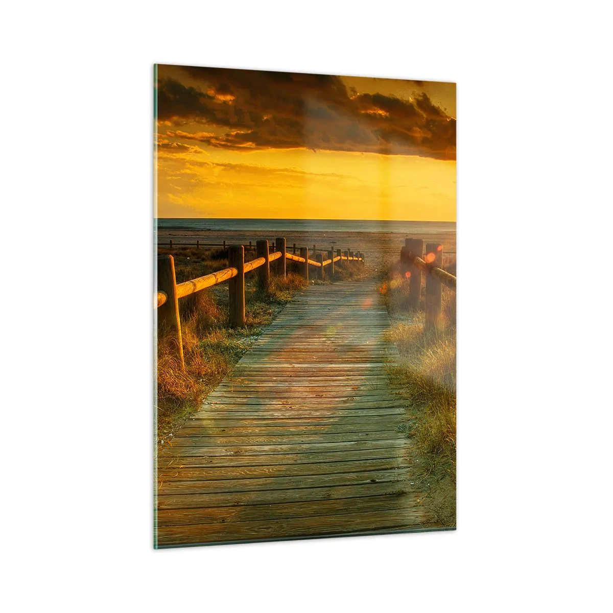 Impression sur verre - Image sur verre - Un chemin en bois menant vers le soleil couchant - 50x70cm - Baigné dans le vieil or - Décoration murale moderne pour le salon et la chambre ARTTOR