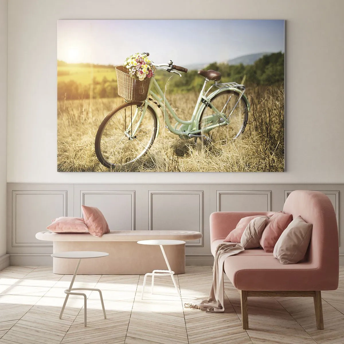 Impression sur verre - Image sur verre - Vélo rétro avec des fleurs sur fond naturel - 100x70cm - Je vais rester un petit moment - Décoration murale moderne pour le salon et la chambre ARTTOR
