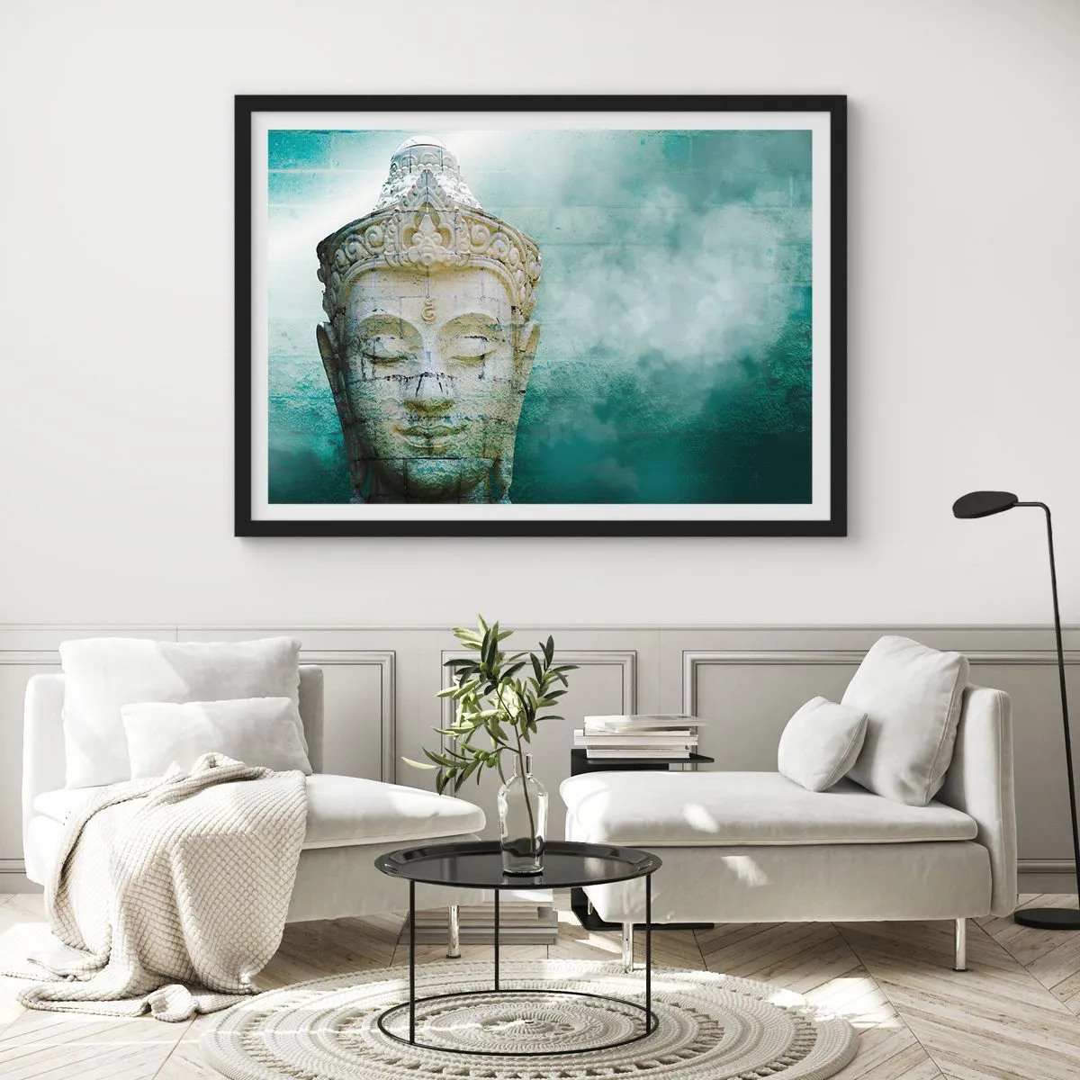 Affiche dans un cadre noir - Poster - Statue de Bouddha avec une douce brume sur un fond vert - 70x50cm - A la recherche de la lumière - Décoration murale moderne pour le salon et la chambre ARTTOR