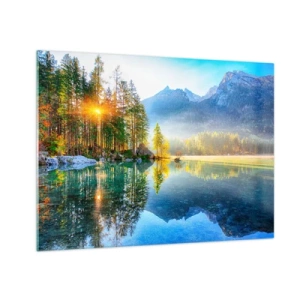 Impression sur verre - Image sur verre - Paysage de montagne avec un lac et le soleil du matin - 70x50cm - Majesté et douceur - Décoration murale moderne pour le salon et la chambre ARTTOR