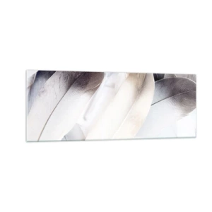 Impression sur verre - Image sur verre - Gros plan de plumes délicates dans des tons de blanc et de gris - 140x50cm - Presque angélique - Décoration murale moderne pour le salon et la chambre ARTTOR