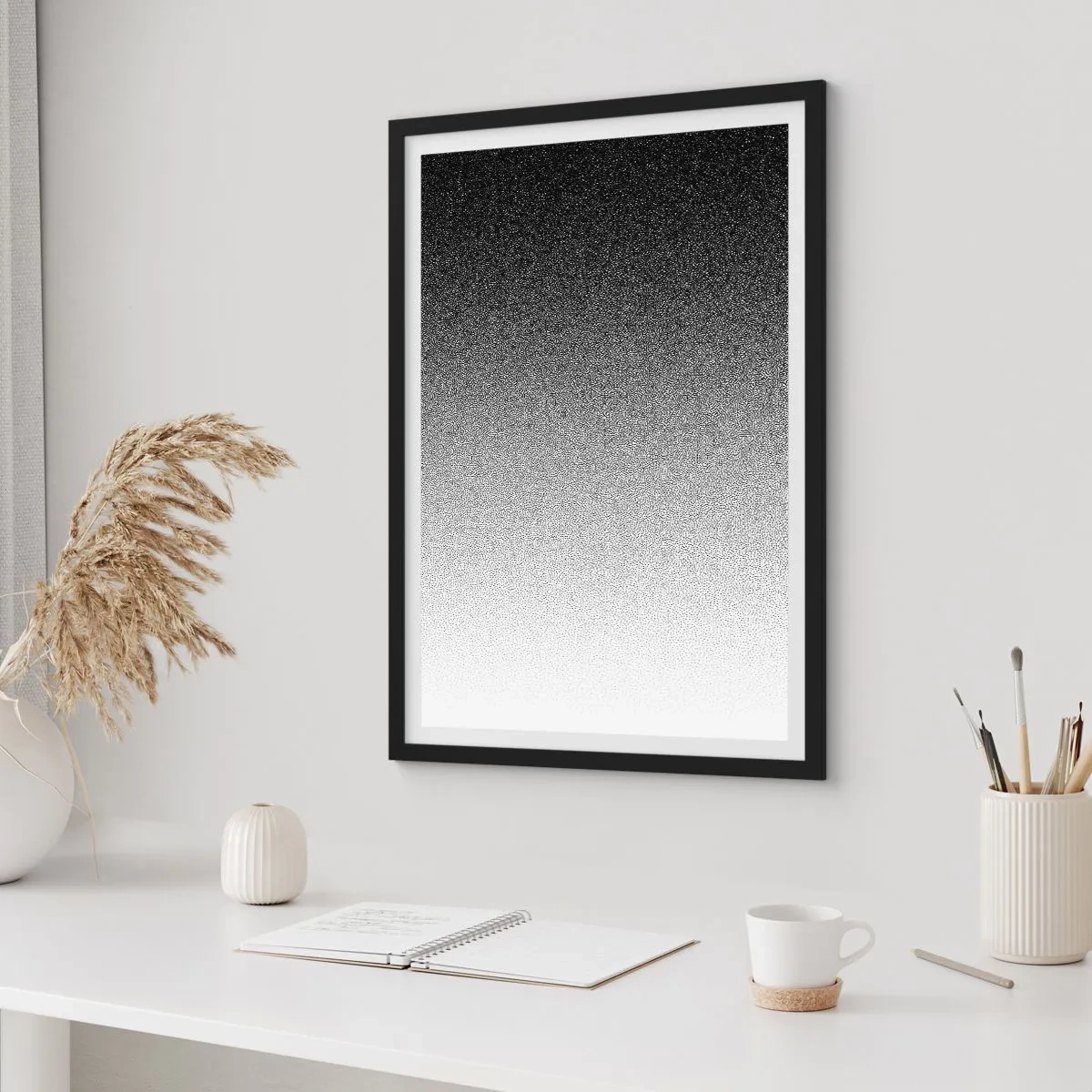 Affiche dans un cadre noir - Poster - Dégradé minimaliste noir et blanc dans un motif en pointillés - 50x70cm - Du coté de la lumière - Décoration murale moderne pour le salon et la chambre ARTTOR