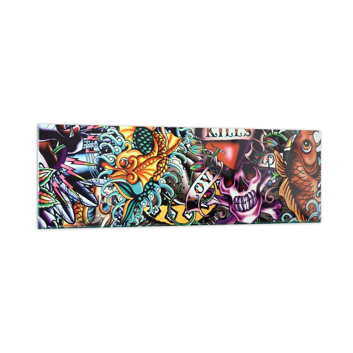 Impression sur verre - Image sur verre - Œuvre d'art colorée de style tatouage avec des crânes et des motifs nautiques - 160x50cm - Le rêve du tatoueur - Décoration murale moderne pour le salon et la chambre ARTTOR