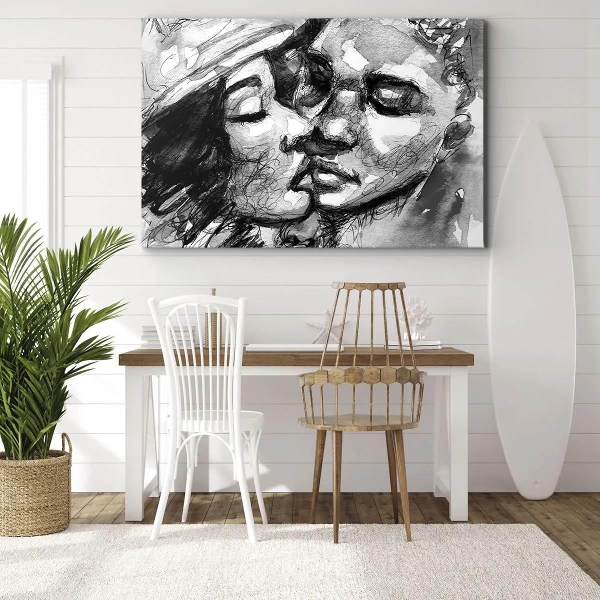 Impression sur toile - Image sur toile - Une aquarelle en noir et blanc représentant un moment intime entre deux personnes. - 70x50cm - Un moment tendre - Décoration murale moderne pour le salon et la chambre ARTTOR