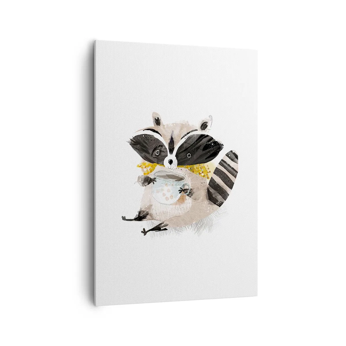 Impression sur toile - Image sur toile - Adorable raton laveur tenant une tasse de couleur pastel - 70x100cm - Mon ami le raton laveur - Décoration murale moderne pour le salon et la chambre ARTTOR