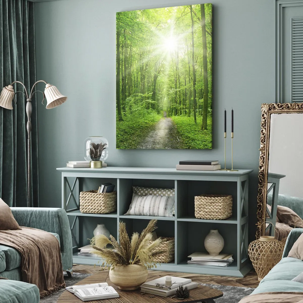 Impression sur toile - Image sur toile - Chemin dans la forêt avec les rayons du soleil - 50x70cm - Cathédrale verte - Décoration murale moderne pour le salon et la chambre ARTTOR