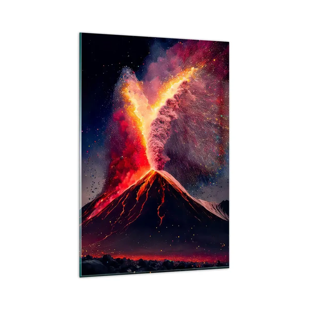 Impression sur verre - Image sur verre - Une éruption volcanique unique la nuit avec des couleurs dynamiques. - 80x120cm - Beauté et horreur - Décoration murale moderne pour le salon et la chambre ARTTOR