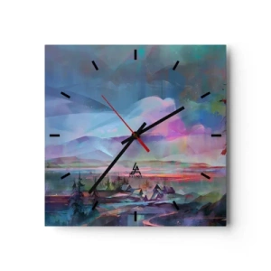 Horloge murale - Pendule murale - Paysage de montagne avec un ciel coloré et un village - 30x30cm - Sous un ciel bienveillant - Décoration murale moderne pour le salon et la chambre ARTTOR