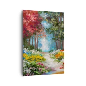Impression sur toile - Image sur toile - Un jardin pittoresque rempli de fleurs et d'arbres colorés dans un cadre forestier - 50x70cm - Jardin forestier, forêt de fleurs - Décoration murale moderne pour le salon et la chambre ARTTOR