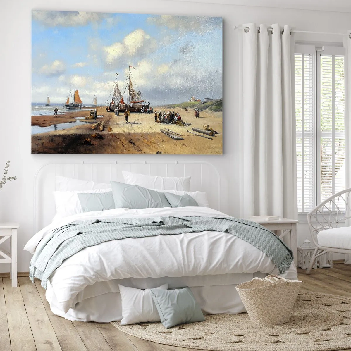 Impression sur toile - Image sur toile - Bateaux de pêche sur la plage avec des figures humaines - 120x80cm - Après une capture réussie - Décoration murale moderne pour le salon et la chambre ARTTOR