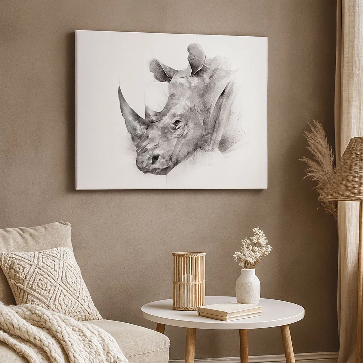 Impression sur toile - Image sur toile - Portrait artistique d'un rhinocéros en noir et blanc - 70x50cm - Potrait africain - Décoration murale moderne pour le salon et la chambre ARTTOR
