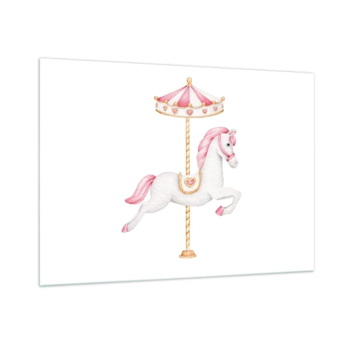 Impression sur verre - Image sur verre - Cheval de carrousel rose et blanc sur fond blanc - 100x70cm - Les sabots en avant - Décoration murale moderne pour le salon et la chambre ARTTOR