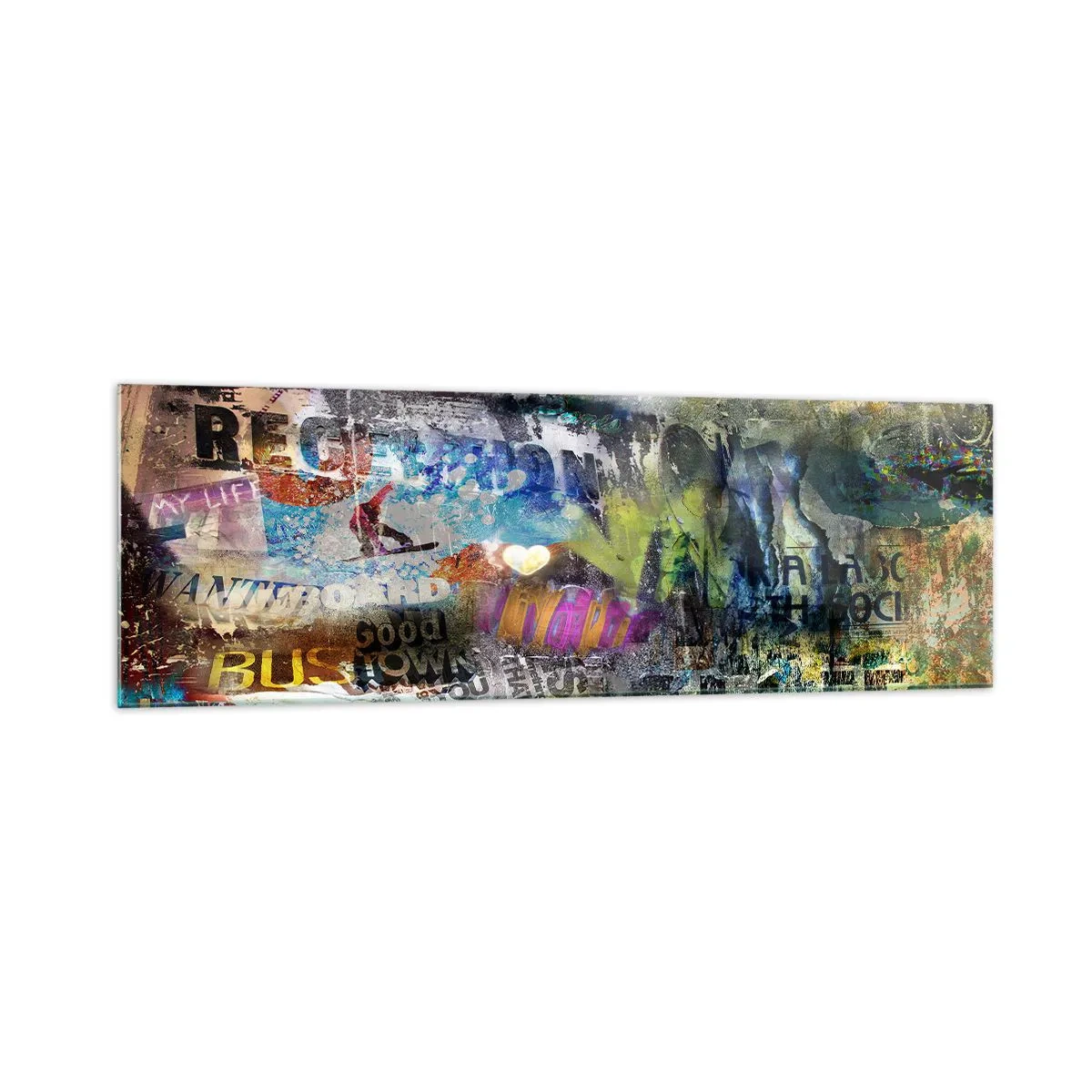 Impression sur verre - Image sur verre - Collage abstrait avec texte et couleurs variées - 160x50cm - Collage de souvenirs - Décoration murale moderne pour le salon et la chambre ARTTOR