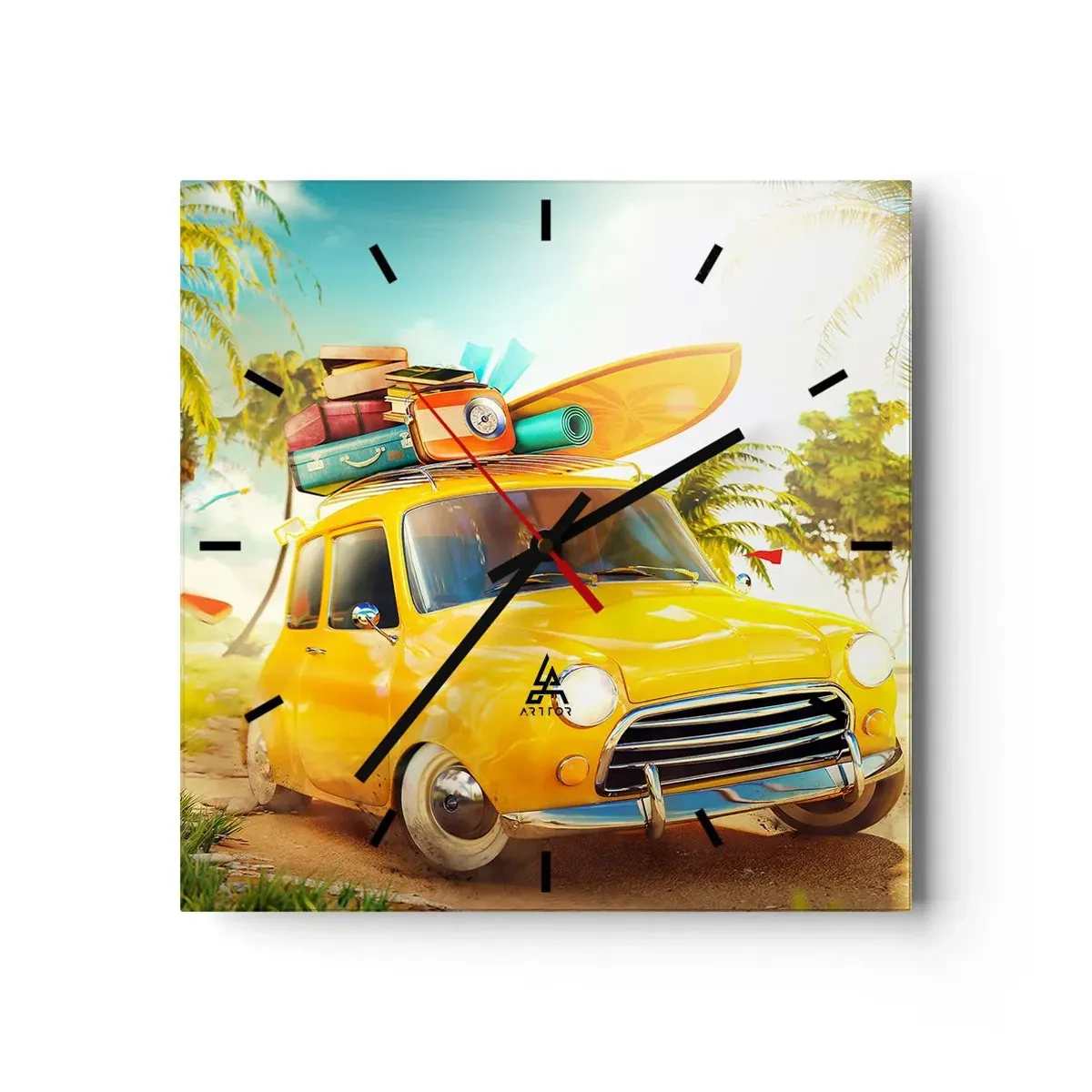 Horloge murale - Pendule murale - Une voiture jaune avec des bagages dans un paysage tropical - 30x30cm - Un voyage pour plus d'un sourire - Décoration murale moderne pour le salon et la chambre ARTTOR