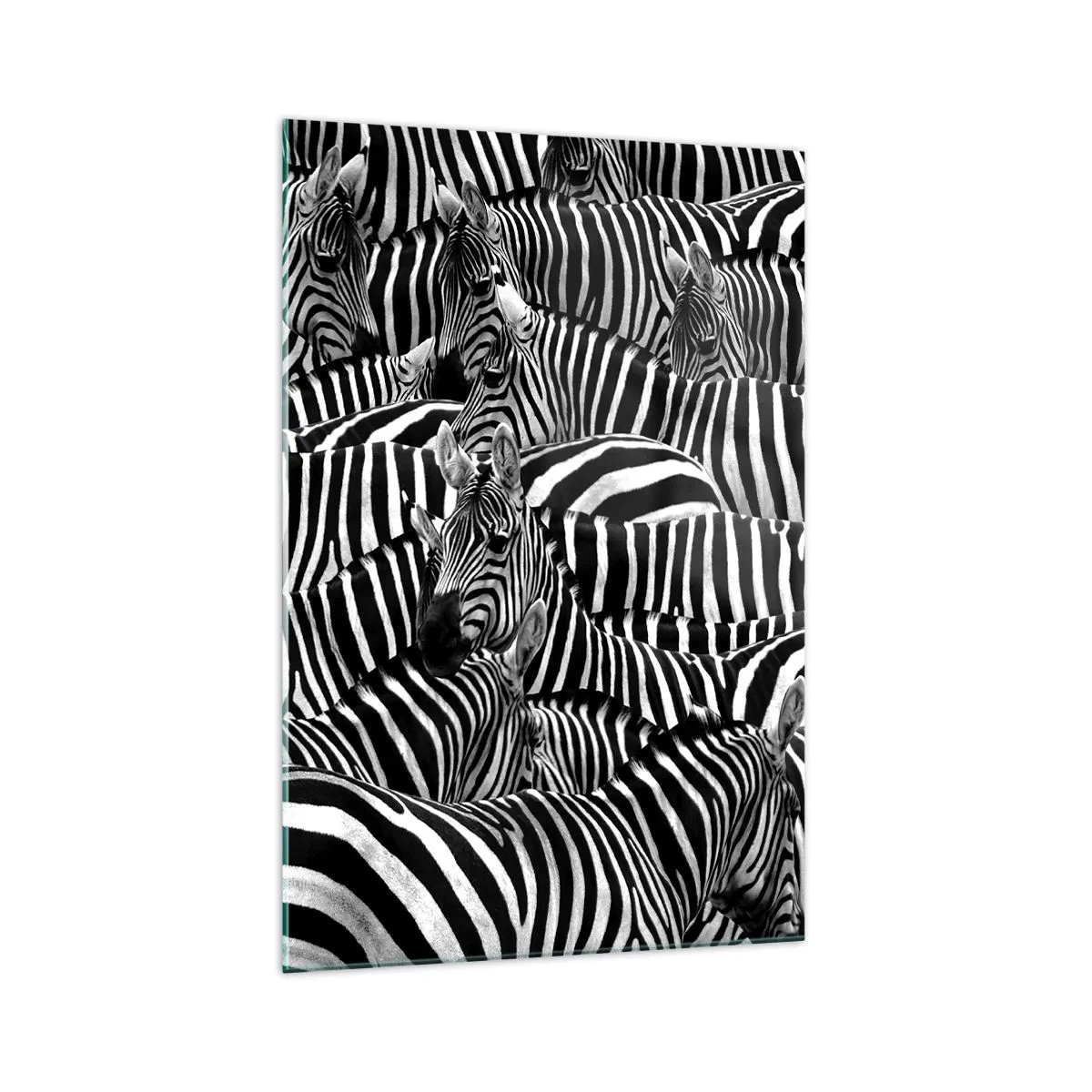 Impression sur verre - Image sur verre - Un groupe de zèbres avec des rayures noires et blanches créant un motif de symétrie. - 70x100cm - Portrait collectif à rayures - Décoration murale moderne pour le salon et la chambre ARTTOR
