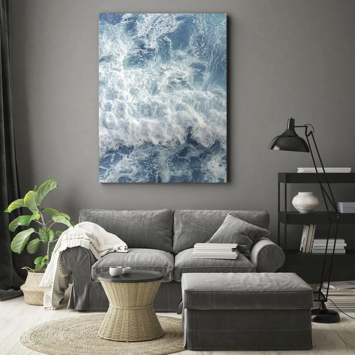 Impression sur toile - Image sur toile - Vagues océaniques dynamiques dans des tons de bleu - 50x70cm - Joyeusement et en sautant - Décoration murale moderne pour le salon et la chambre ARTTOR