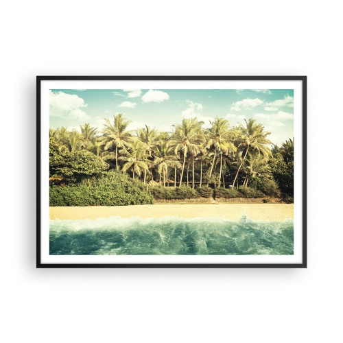 Affiche dans un cadre noir - Poster - Plage tropicale avec palmiers et mer turquoise - 100x70cm - Peut-être ici? - Décoration murale moderne pour le salon et la chambre ARTTOR