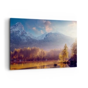 Impression sur toile - Image sur toile - Vue pittoresque de la forêt de montagne et du lac à l'aube - 100x70cm - Dans les montagnes et les vallées - Décoration murale moderne pour le salon et la chambre ARTTOR