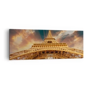 Impression sur toile - Image sur toile - La Tour Eiffel vue d'en bas sur fond de soleil couchant - 140x50cm - Comment l'humanité a atteint le ciel - Décoration murale moderne pour le salon et la chambre ARTTOR
