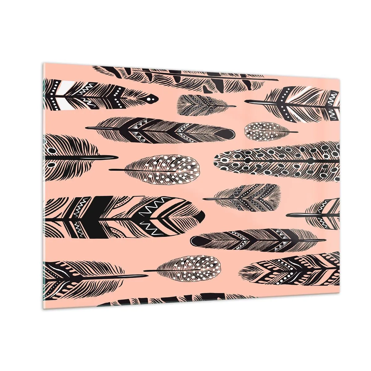 Impression sur verre - Image sur verre - Plumes décoratives à motifs noirs et blancs sur fond rose - 100x70cm - Collection indienne - Décoration murale moderne pour le salon et la chambre ARTTOR