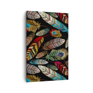 Impression sur toile - Image sur toile - Plumes colorées sur fond noir - 80x120cm - Le carnaval des oiseaux - Décoration murale moderne pour le salon et la chambre ARTTOR