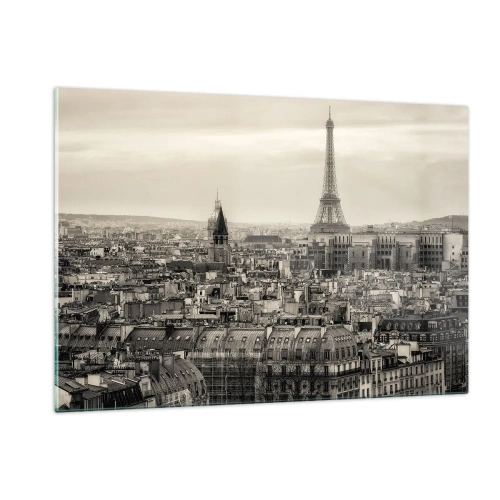 Impression sur verre - Image sur verre - Un panorama de Paris avec vue sur la Tour Eiffel dans des tons sépia - 120x80cm - Sur les toits de Paris - Décoration murale moderne pour le salon et la chambre ARTTOR