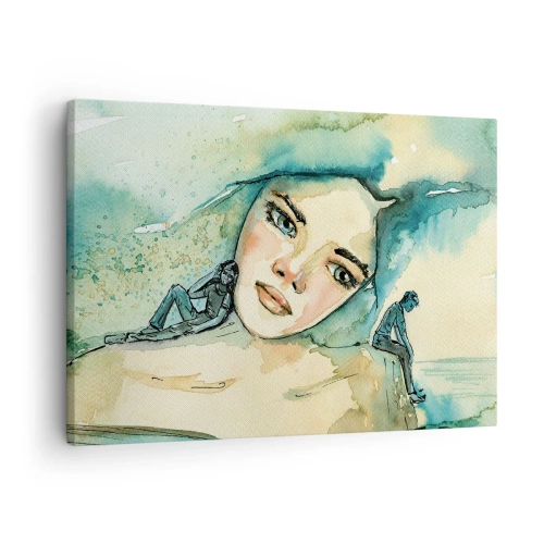 Impression sur toile - Image sur toile - Aquarelle d'un visage de femme avec un motif réfléchissant - 70x50cm - Suis-je bleu? - Décoration murale moderne pour le salon et la chambre ARTTOR