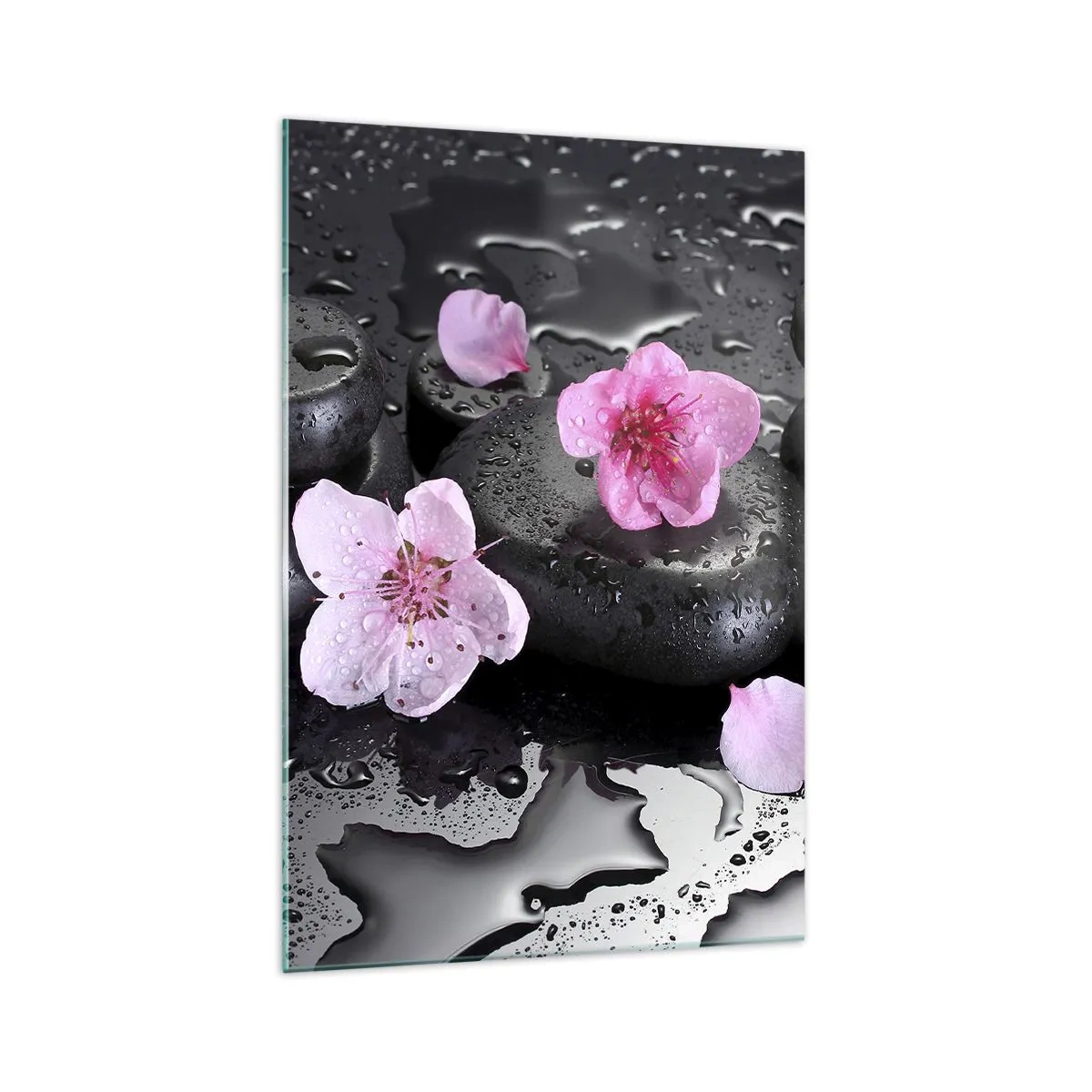 Impression sur verre - Image sur verre - Pierres noires et fleurs roses style spa - 70x100cm - Et le cœur s'allège soudainement - Décoration murale moderne pour le salon et la chambre ARTTOR